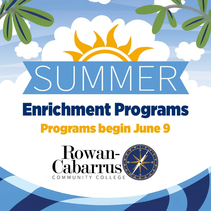 Graphic promoting Rowan-Cabarrus Community College Summer Enrichment Programs. A bright sun and leafy branches frame the words "Summer Enrichment Programs" in bold blue text, with "Programs begin June 9" highlighted in gold below. The Rowan-Cabarrus Community College logo appears at the bottom.
