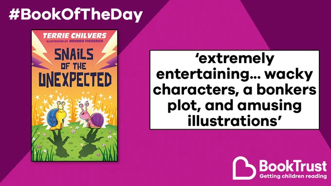 The front cover of Snails of the Unexpected and a quote from our review: 'Extremely entertaining... wacky characters, a bonkers plot, and amusing illustrations'