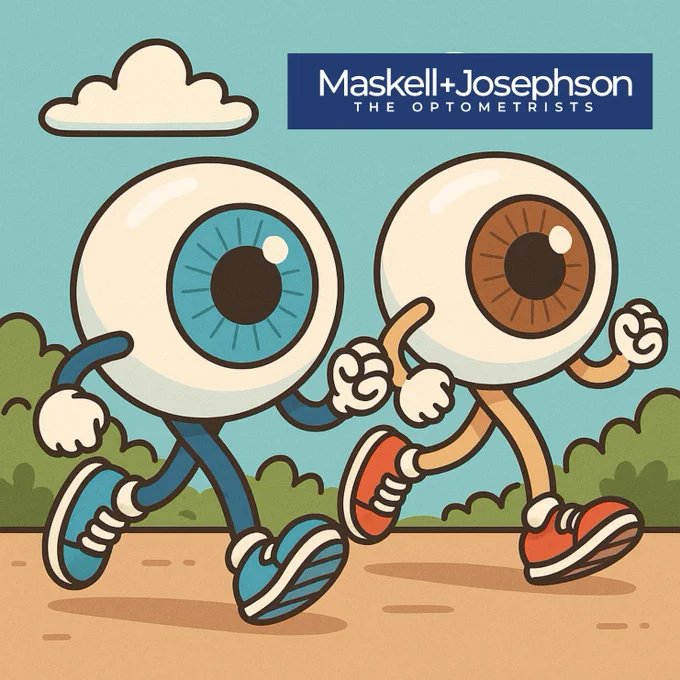 A cartoon image of two eyeballs running. One eye has a blue iris, with blue arms, legs, and trainers and the other has a brown iris with orange trainers 