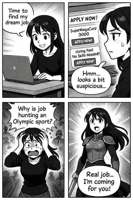 A four-panel black-and-white manga-style comic about job searching.
Panel 1: A cheerful person sits at a laptop, smiling brightly. Caption: "Time to find my dream job!"
Panel 2: The laptop screen shows strange job listings with suspicious titles. The person looks confused. Caption: "Hmm... looks a bit suspicious..."
Panel 3: The person holds their head in frustration, overwhelmed by scams and weird offers. Caption: "Why is job hunting an Olympic sport?"
Panel 4: The person stands heroically, holding their CV like a sword, ready to battle through the chaos. Caption: "Real job... I'm coming for you!"