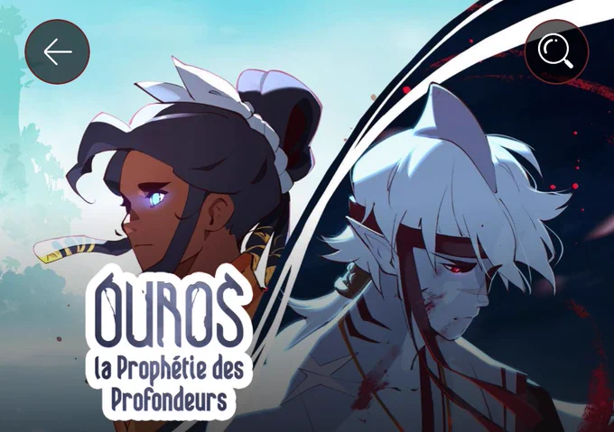 Bandeau illustré de la série webtoon « Ouros, la prophétie des profondeurs », montrant les 2 héros, Vitali, une humaine, à gauche, et Markus, un squale 🦈, à droite.