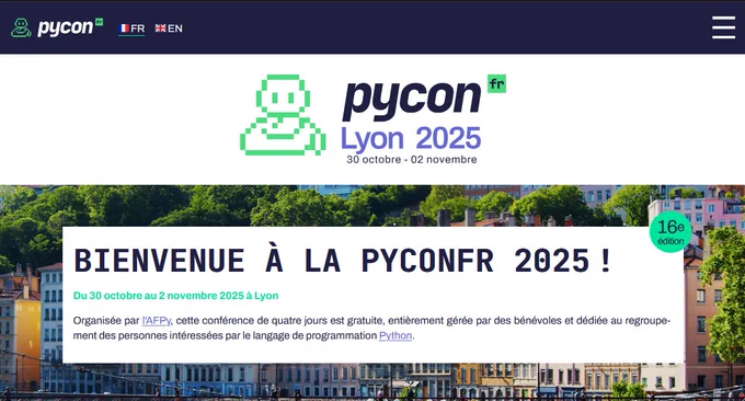 Écran de capture de la nouvelle charte graphique du site pycon.fr, montrant les dates de l'évènement étant à Lyon au Campus René Cassin