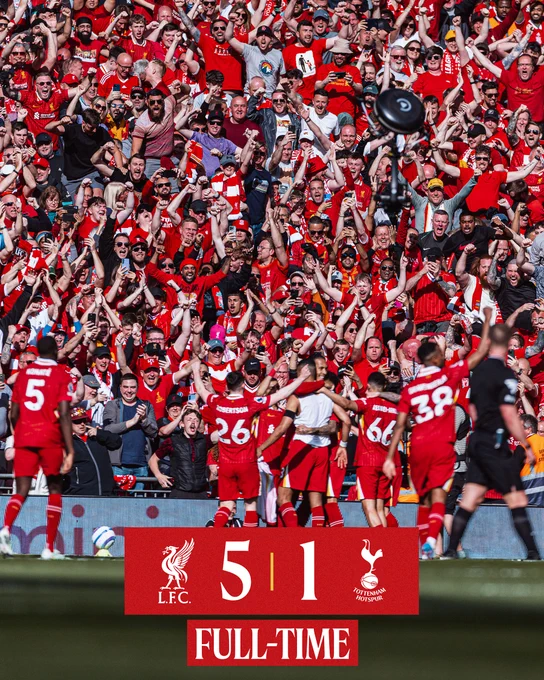 Full-time graphic for Liverpool vs Tottenham.

The final score is Liverpool 5-1 Tottenham.