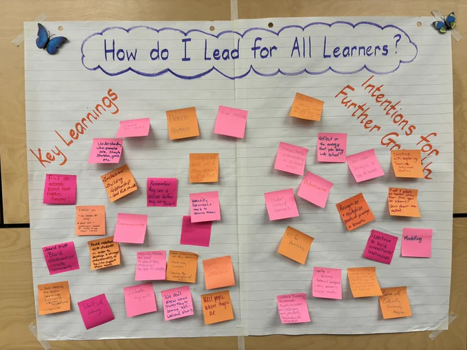 A poster from a professional learning session poses the question, "How do I lead through conflict?" On the left side of the poster, titled "Key Learnings," and on the right side, titled "Intentions for Further Growth," leaders have posted their replies on orange and pink notes.