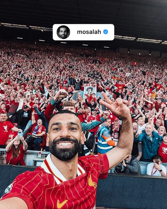 Social media post of Mo Salah at full-time, a selfie in front of the Kop.