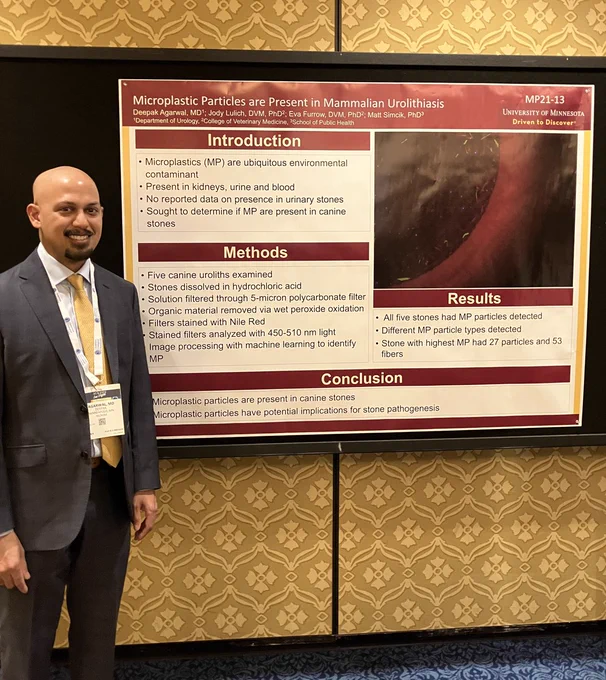 Deepak Agarwal, MD, with his research examining the presence of microplastic particles in canine stones.