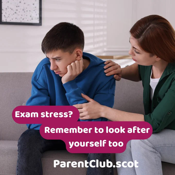 Photo of mother with her son. Text: "Exam stress? Remember to look after yourself too.