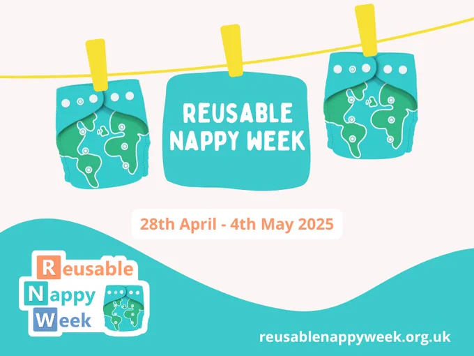 There are cartoon cloth nappies hanging on a washing line, the pattern on them looks like the earth.. Words read Reusable Nappy Week, 28th April - 4th May 2025