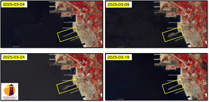 The movement of INS Vikrant off the coast appears routine based on the time-series satellite images studied from March 2025. The vessel was observed off the port on 4th and 19th March, and docked on 9th and 24th March.
Image Credit: EU, Copernicus Sentinel Data 2025.
Map Credit: Takshashila Institution, Bengaluru, India.