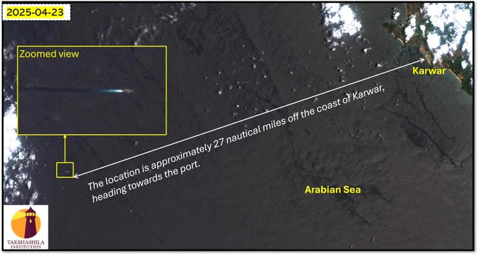 The image depicts the movement direction of INS Vikrant on 23 April 2025.
Image Credit: EU, Copernicus Sentinel Data 2025.
Map Credit: Takshashila Institution, Bengaluru, India.
