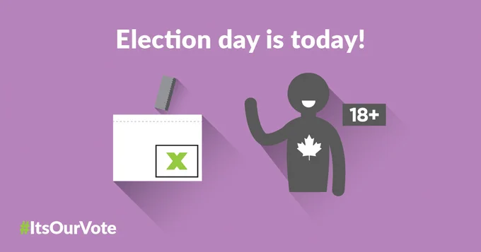 Election day is today! A ballot going into a ballot box and a person with a maple leaf on their chest standing beside an 18  symbol.