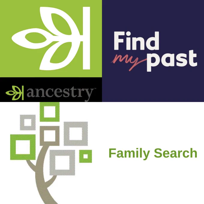 Image description: Logos for Ancestry, Find my past and Family search.
