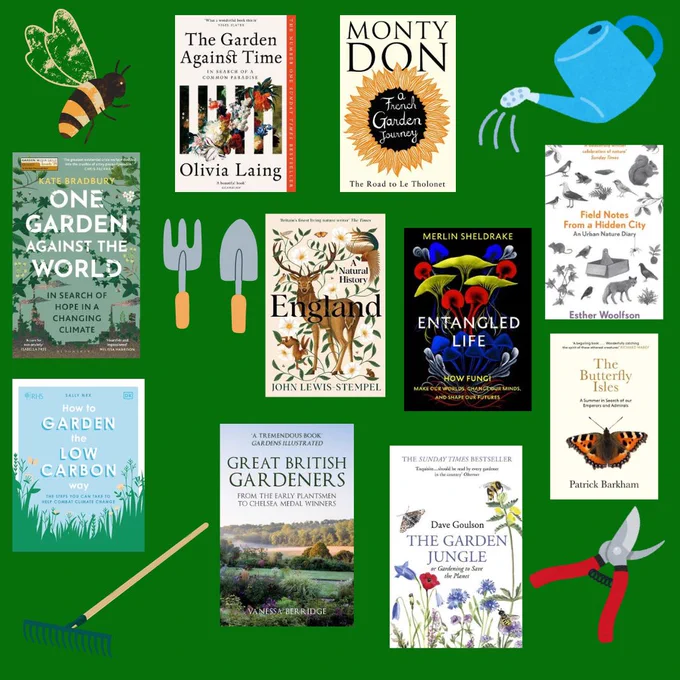Image description: Pictures of some of our gardening books including The garden against time by Olivia Laing, How to garden the low carbon way by Sally Nex and some images of gardening tools with a bee.
