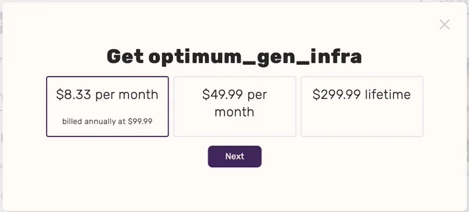 3 options:
- $8.33 per month (billed annually at $99.99)
- $49.99 per month
- $299.99 lifetime