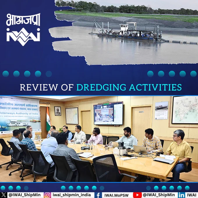 A review meeting to assess the status of ongoing dredging work across various stretches of National Waterways by departmental & outsourced dredgers was held today at IWAI head office. 
#safenavigation #fairwaydevelopment #inlandwaterways