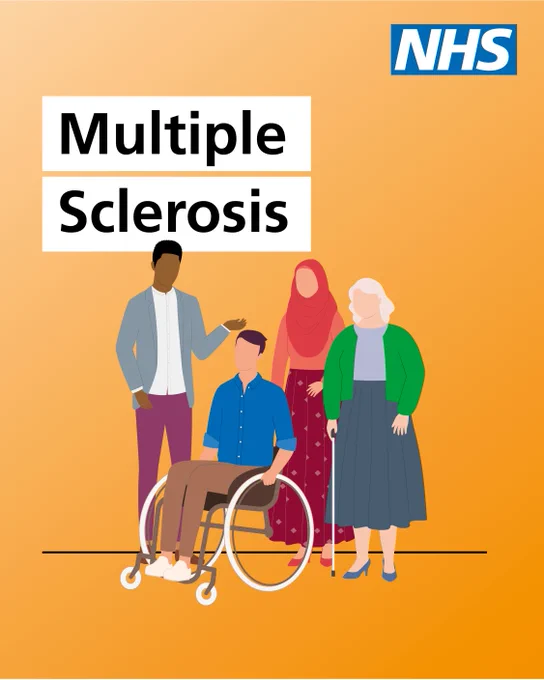 Text reads: Multiple Sclerosis. Illustration on an orange background of diverse individuals, including a male wheelchair user, a woman with a walking stick, a man gesturing and a woman wearing a hijab. The NHS logo is in the top right-hand corner. 