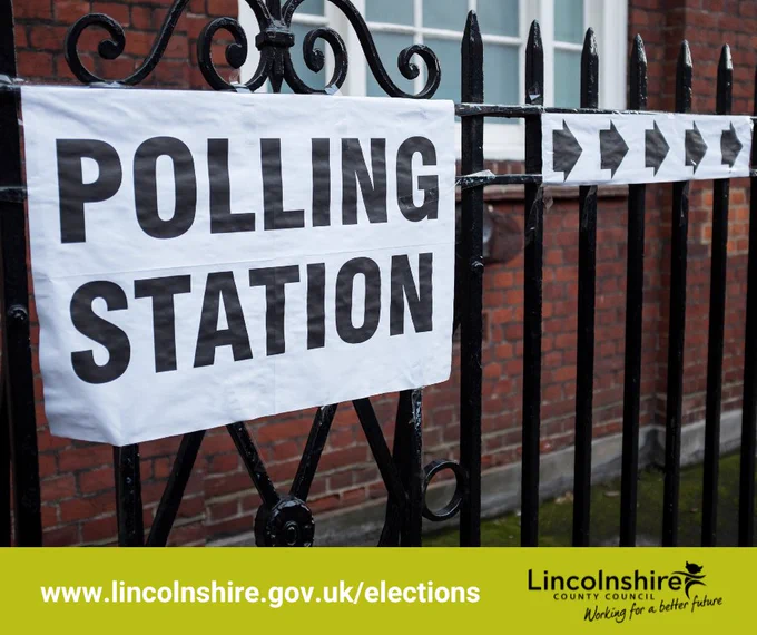 Polling station, with banner outside