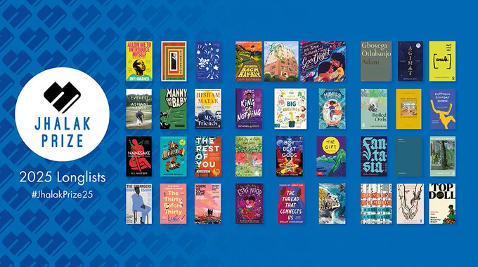 Graphic with blue background and logos and identifying text in white on the left with book jackets from our three longlists for 2025 on the right