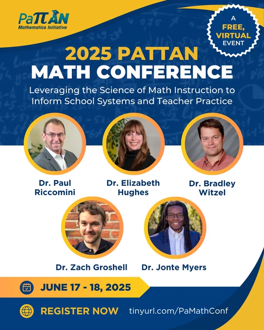 Group of five researchers. Text reading, Leveraging the Science of Math Instruction to Inform School Systems and teacher Practice. June 17 to 18, 2025. A free, virtual event.