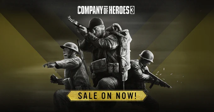 Promo image for the Company of Heroes 3 sale showing three soldiers, the CoH3 logo and a banner that reads "sale on now!"