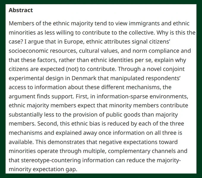 BJPolS societal views towards immigrants and ethnic minorities in Europe, focusing on resource contribution and compliance with societal norms. The text discusses a study in Denmark regarding information manipulation and its effects on societal perceptions.