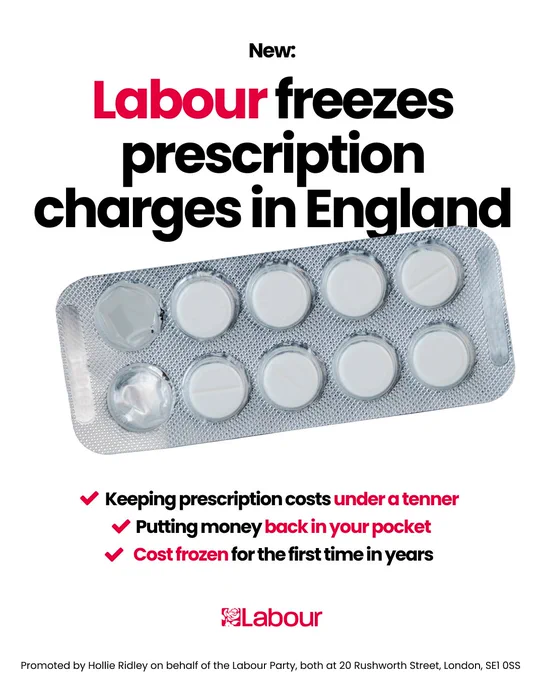 Graphic with a prescription pill packet in the middle. Bold text reads 'New: Labour freezes prescription charges in England'. Three bullet points below read: 'Keeping prescription costs under a tenner', 'Putting money back in your pocket', and 'Cost frozen for the first time in years'. 