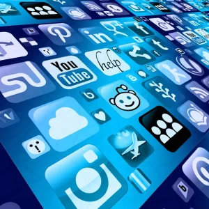 Social media icons on smart phone.