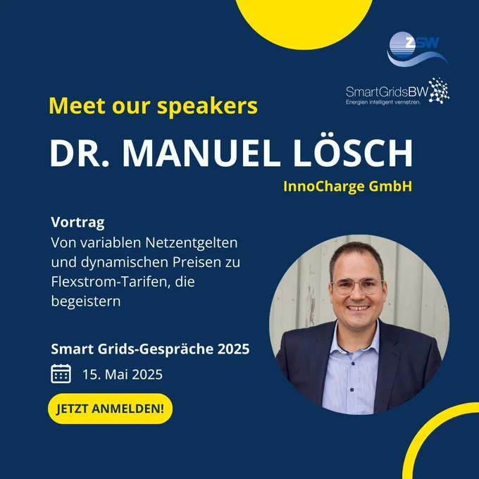 Dr. Manuel Lösch (InnoCharge) spricht bei den Smart Grids-Gesprächen am 15. Mai 2025 über variable Netzentgelte und Flex-Stromtarife.