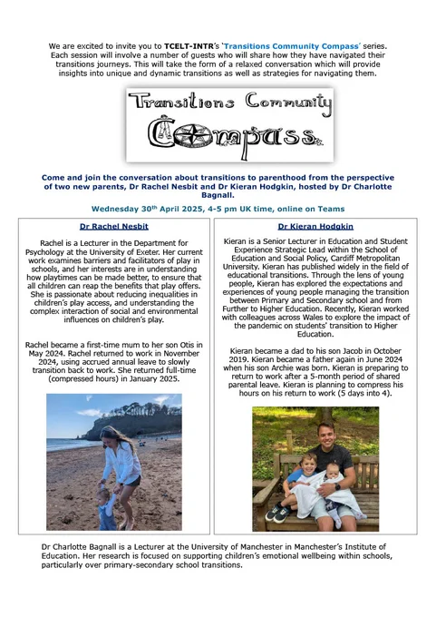 The TCELT Transitions Community Compass Flyer. Dr Rachel Nesbit is pictured walking with her child on the beach while Dr Kieran Hodgkin is pictured with his two children sitting on a bench.