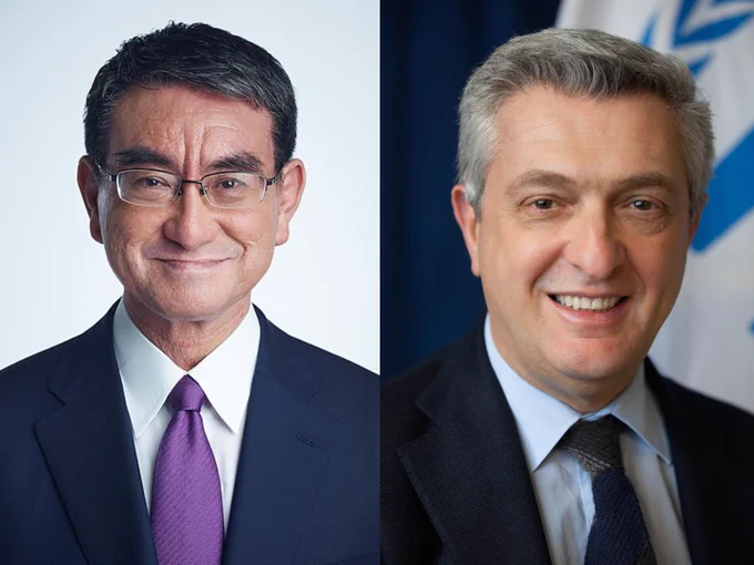 Portraits of Kono Taro, a Japanese politician, on the left, and Filippo Grandi, the UN High Commissioner for Refugees, on the right.