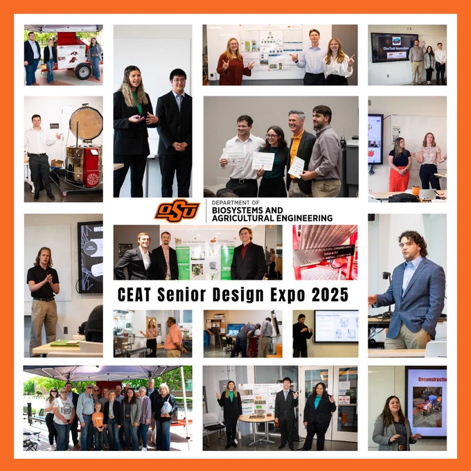 A collage of the Oklahoma State University Department of Biosystems and Agricultural Engineering senior design teams presenting and posing with their capstone projects