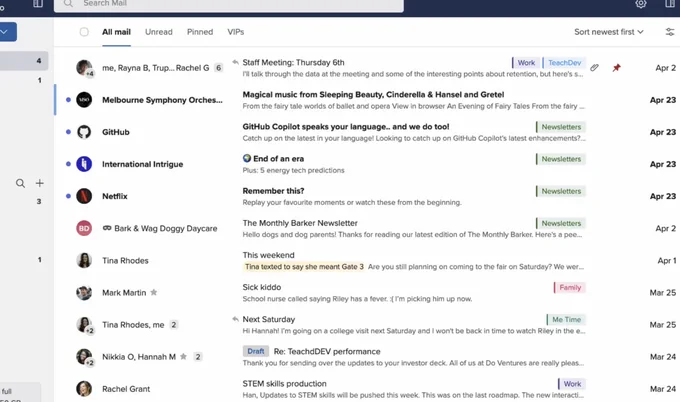 Screenshot from the linked blog post of the new Fastmail inbox, in which there is literally no visual separation between threads in the inbox.