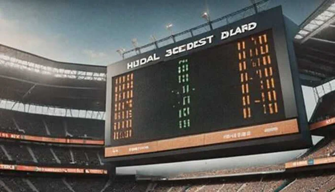 A high-definition digital scoreboard in a stadium displaying scores and statistics. The screen shows a clear display of game data, with empty sections and large numbers visible, set against a vibrant crowd and sports venue.