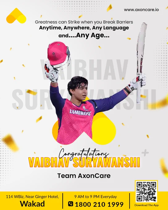 14 years old. Fastest century. 🏏⚡
Youngest in IPL history to do it — Vaibhav Suryawanshi just dropped jaws and broke records. 😱🔥
Greatness doesn’t wait. It shows up anytime, anywhere, and at any age. 🌟⏳🌍
Team AxonCare sees you, legend. 🙌👀
Take a bow! 🎉👏🏽
.
.
.
.
.
.
.
.
.
.
.
.
.
.
.
.
.
.
.
.
.
.
.
.
.
#vaibhavsuryawanshi  #IPL2025 #youngestcenturion  #fastestcenturyinipl  #recordbreaker  #CricketHistory #RisingStars  #cricketprodigy  #TeamIndia  #RajasthanRoyals  #GTvsRR  #T20Cricket #nextgencricket #CricketFever2025 #MakingHistory #SportsNews #AxonCare #anywhere #anytime #anylanguage #axoncarevalues #axoncarebyaxonichealth #wakadpune #bavdhanpune #bkcmumbai #london #healthcareinnovations 


[Vaibhav Suryawanshi fastest IPL century, 14 year old cricketer IPL, youngest IPL centurion, Vaibhav Suryawanshi Rajasthan Royals, IPL records broken 2025, young cricket talent India, Vaibhav Suryawanshi age fastest hundred, IPL 2025 highlights, cricket news Vaibhav Suryawanshi, T20 you