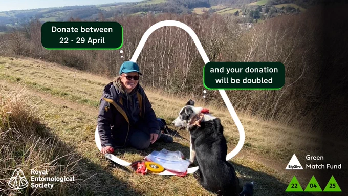 Sarah Meredith, RES Conservation Project Officer with Tri the collie dog sitting on a grassy hill