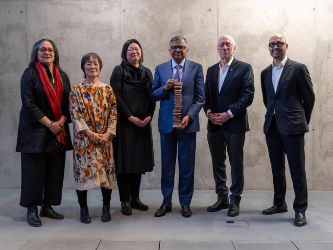 The evening's speakers (from left): Neema Kudva, City and Regional Planning Professor and Senior Associate Dean for Academic Affairs; Billie Tsien, AIA; J. Meejin Yoon, Gale and Ira Drukier Dean of The College of Architecture, Art, and Planning; Natarajan Chandrasekaran, Chairman of Tata Sons; Michael I. Kotlikoff, President of Cornell University; and Jose Castillo, Professor and Chair of the Department of Architecture.