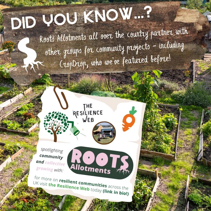 A view of an allotment. Superimposed on this scene is a post-it note displaying the logos of Resilience Web CIC, Roots Allotments, and CropDrop. The import of all text in the image is conveyed by the written post content.