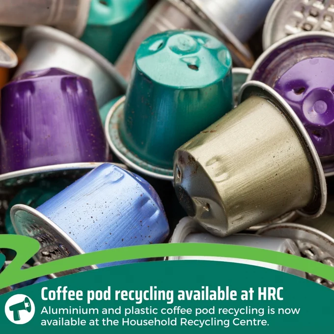 Image of Coffee Pods 

Text: Coffee pd recycling available at HRC

Aluminium and plastic coffee pod recycling is now available at the Household Recycling Centre.