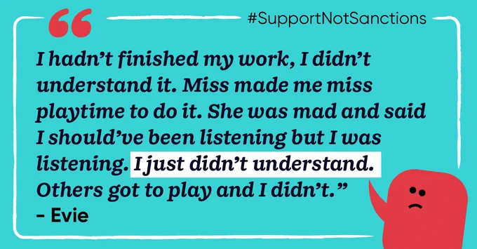 Illustrated image featuring a quote about school frustrations attributed to Evie, with a cartoon character looking sad on the right side. The background is turquoise with the hashtag #SupportNotSanctions at the top.