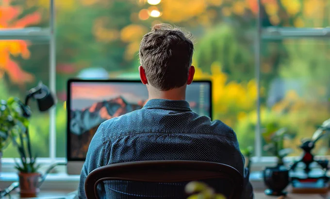 Image shows the back of a man sitting at a computer, representing a freelancer or contractor.