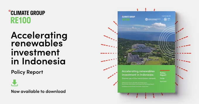 Card reads: Accelerating renewables investment in Indonesia, policy report, now available to download 