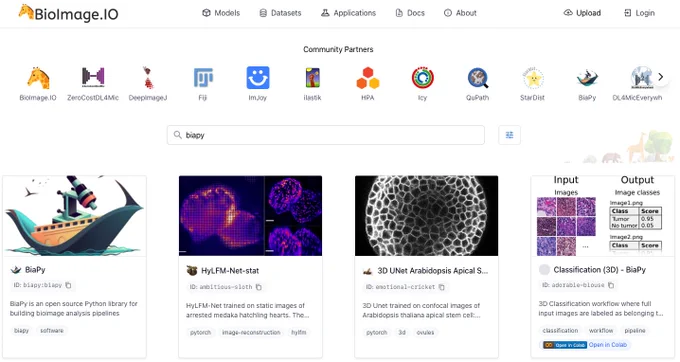 Screenshot of the new BioImage.IO site, showing BiaPy as one of the available tools and community partners.