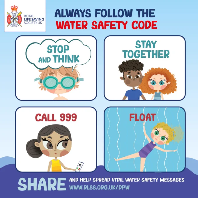 RLSS UK's Water Safety Code:
- Stop and think
- Stay together
In an emergency...
- Call 999
- Float