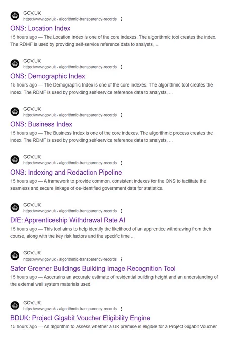 Screenshot of Google results listing seven records deleted from the UK Government's Algorithmic Transparency Recording Standard Hub:

● ONS: Location Index
● ONS: Demographic Index
● ONS: Business Index
● ONS: Indexing and Redaction Pipeline
● DfE: Apprenticeship Withdrawal Rate AI
● Safer Greener Buildings Building Image Recognition Tool
● BDUK: Project Gigabit Voucher Eligibility Engine