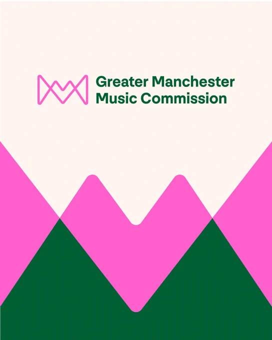 Greater Manchester Music Commission logo with pink graphic on a cream background.