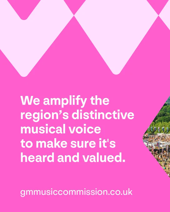 Pink graphic with message: 'We amplify the region’s musical voice.' Website link shown at the bottom.