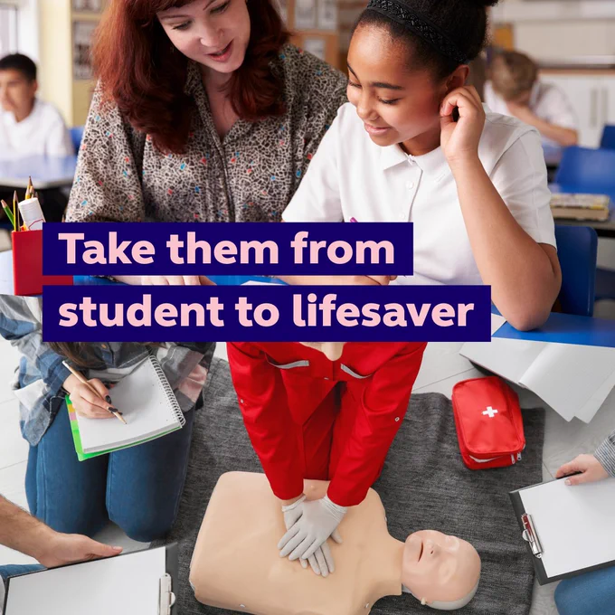 Split image of a student and teacher next to someone practicing CPR on a manikin in a classroom setting. Text overlay that reads 'Take them from student to lifesaver’.