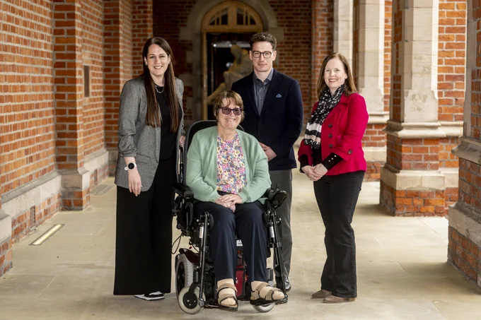 Image shows, pictured left to right, Dr Emma Gray, Director of Research at the MS Society; Caroline Millar who is living with MS; Stewart Finn, Country Director at MS Society Northern Ireland; and Professor Denise Fitzgerald, Principal Investigator and researcher from the Wellcome-Wolfson Institute for Experimental Medicine at Queen’s University Belfast.