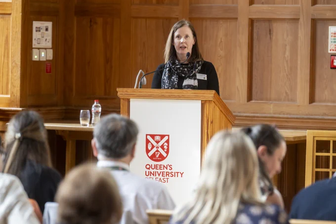 Image shows Professor Denise Fitzgerald speaking at the launch of the Northern Ireland MS Research Hub.