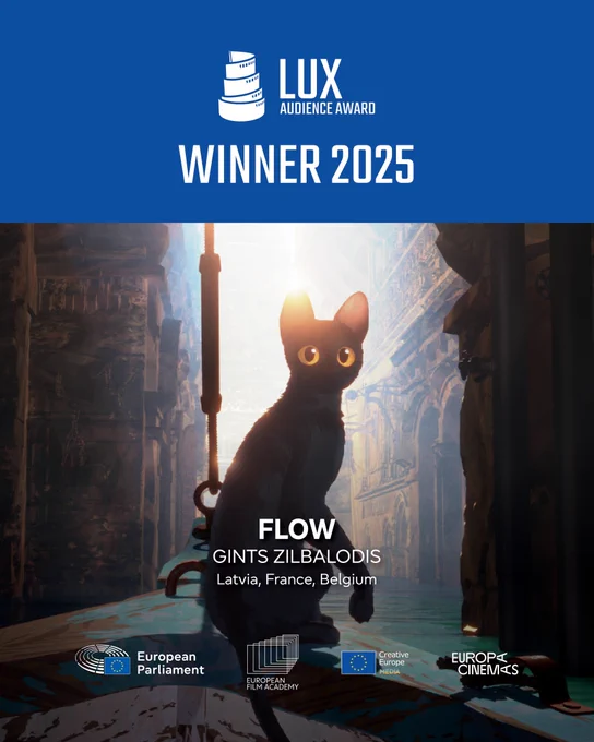 A visual announcing the LUX Audience Award winner 2025: FLOW, a Latvian, French and Belgian co-production.